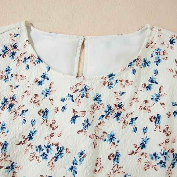 B268 Beige Floral Puff Short Sleeve Empire Waist Mini Dress - Picture 9 of 13